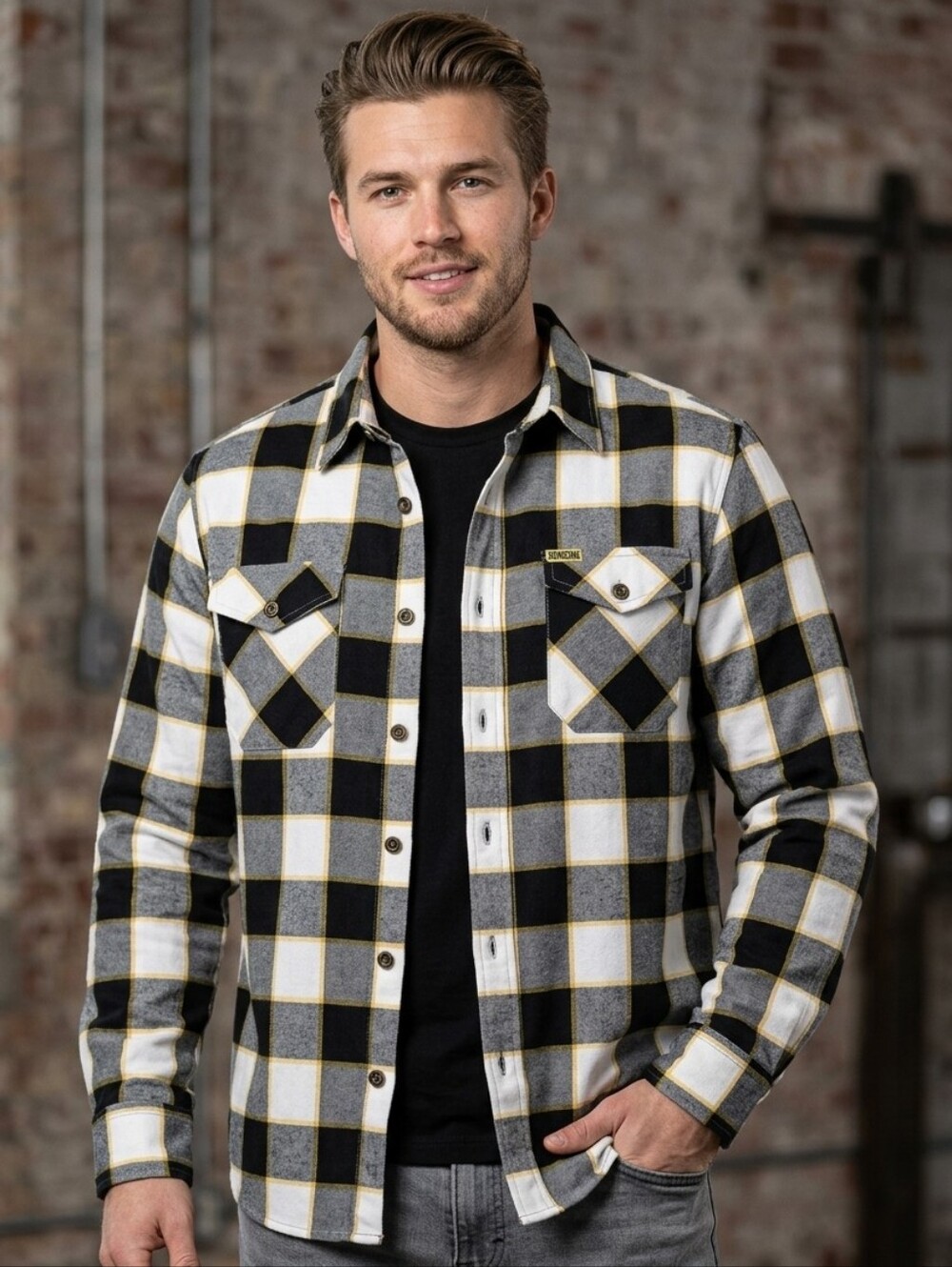 DIXXON Hurricane Black, White & Yellow Plaid Button-Down Shirt Size M